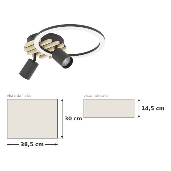 Eglo cembrano plafoniera led 8w 3000k 38,5cm con 2 faretti gu10 orientabili per soggiorno nero e naturale