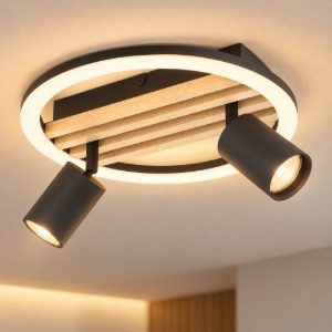 Eglo cembrano plafoniera led 8w 3000k 30cm con 2 faretti gu10 orientabili per soggiorno rotonda nero e naturale