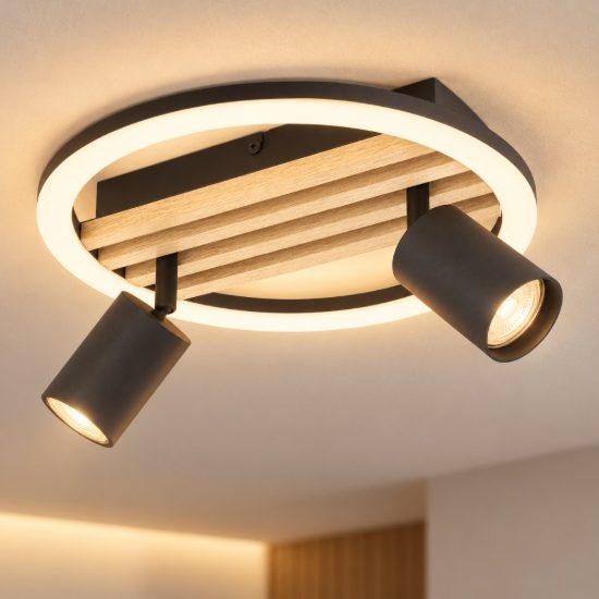 Eglo cembrano plafoniera led 8w 3000k 30cm con 2 faretti gu10 orientabili per soggiorno rotonda nero e naturale