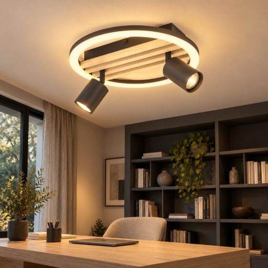 Eglo cembrano plafoniera led 8w 3000k 30cm con 2 faretti gu10 orientabili per soggiorno rotonda nero e naturale