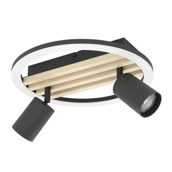 Eglo cembrano plafoniera led 8w 3000k 30cm con 2 faretti gu10 orientabili per soggiorno rotonda nero e naturale