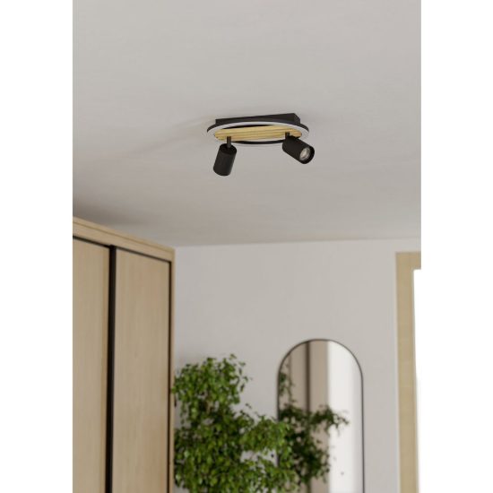 Eglo cembrano plafoniera led 8w 3000k 30cm con 2 faretti gu10 orientabili per soggiorno rotonda nero e naturale