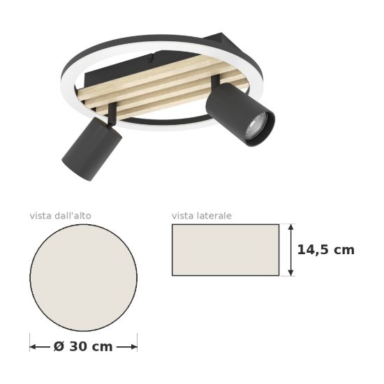 Eglo cembrano plafoniera led 8w 3000k 30cm con 2 faretti gu10 orientabili per soggiorno rotonda nero e naturale