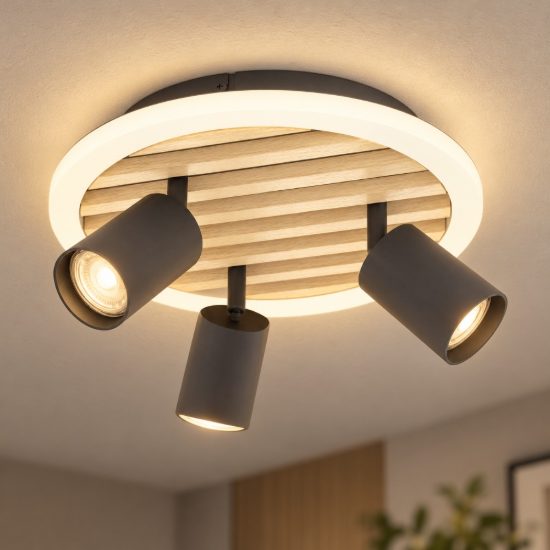 Eglo cembrano plafoniera led 8w 3000k 30cm con 3 faretti gu10 orientabili per soggiorno rotonda nero e naturale