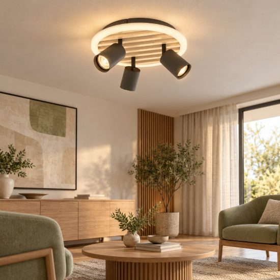 Eglo cembrano plafoniera led 8w 3000k 30cm con 3 faretti gu10 orientabili per soggiorno rotonda nero e naturale