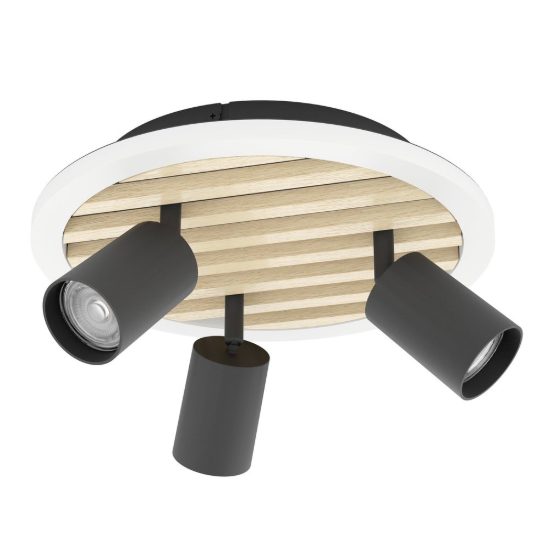 Eglo cembrano plafoniera led 8w 3000k 30cm con 3 faretti gu10 orientabili per soggiorno rotonda nero e naturale