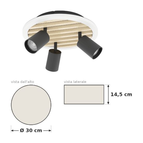 Eglo cembrano plafoniera led 8w 3000k 30cm con 3 faretti gu10 orientabili per soggiorno rotonda nero e naturale