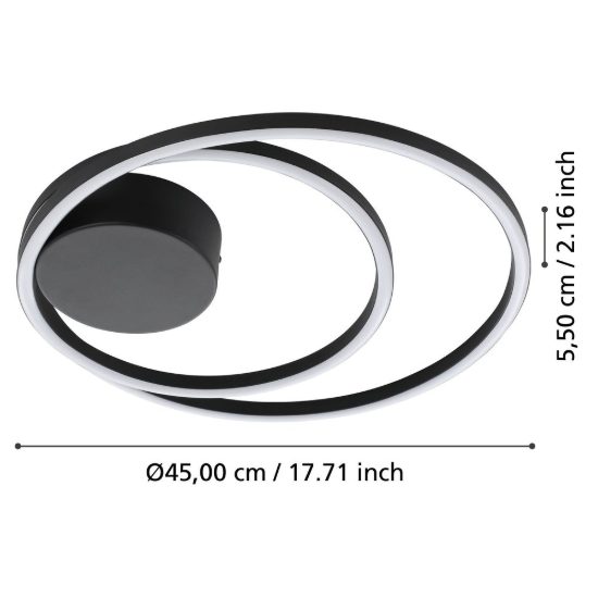 Eglo ruotale plafoniera led 36w 3000k 45cm moderna due anelli nera