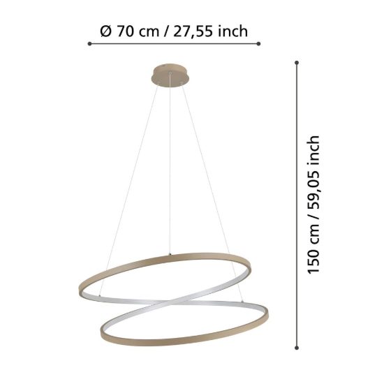 Eglo ruotale lampadario a sospensione led 42w 3000k 70cm moderno due anelli sabbia