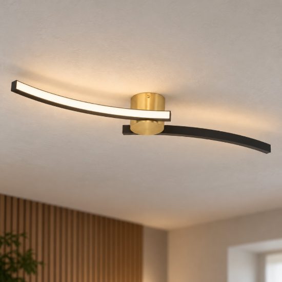 Eglo aieta plafoniera led 12w 4000k 72cm per cucina moderna ottone spazzolato e nero
