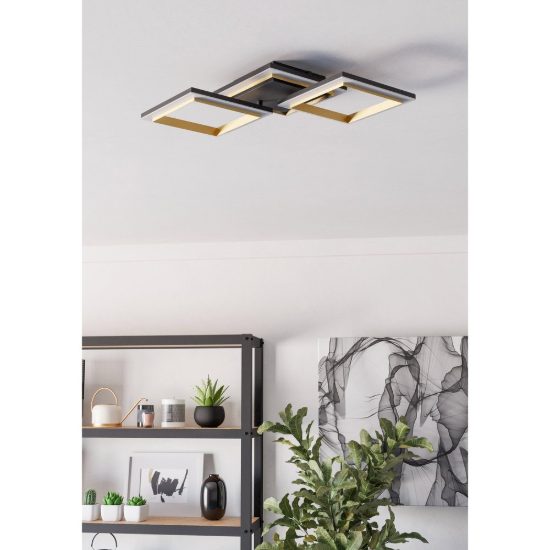 Eglo calliera plafoniera led 20w 4000k 59,5cm dimmerabile per soggiorno moderna nero e ottone