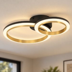 Eglo calliera plafoniera led 12w 4000k 42cm dimmerabile per soggiorno moderna anello nero e ottone