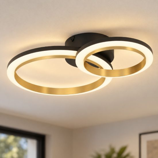 Eglo calliera plafoniera led 12w 4000k 42cm dimmerabile per soggiorno moderna anello nero e ottone