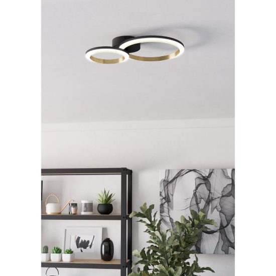 Eglo calliera plafoniera led 12w 4000k 42cm dimmerabile per soggiorno moderna anello nero e ottone