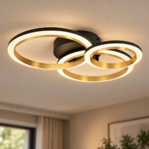 Eglo calliera plafoniera led 20w 4000k 49cm dimmerabile per soggiorno moderna anello nero e ottone