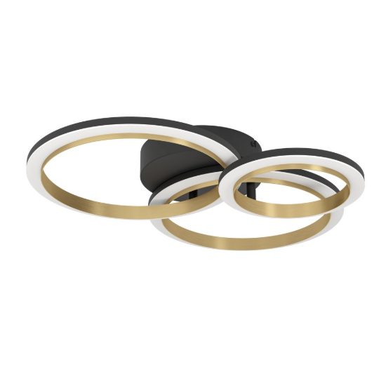 Eglo calliera plafoniera led 20w 4000k 49cm dimmerabile per soggiorno moderna anello nero e ottone
