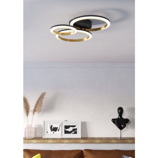 Eglo calliera plafoniera led 20w 4000k 49cm dimmerabile per soggiorno moderna anello nero e ottone