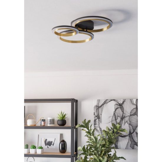 Eglo calliera plafoniera led 20w 4000k 49cm dimmerabile per soggiorno moderna anello nero e ottone