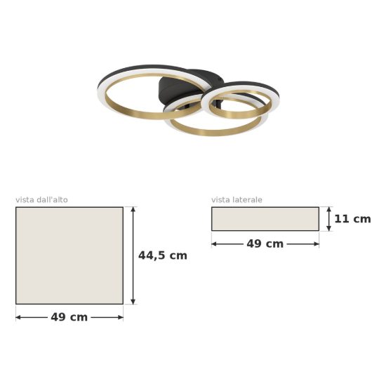 Eglo calliera plafoniera led 20w 4000k 49cm dimmerabile per soggiorno moderna anello nero e ottone