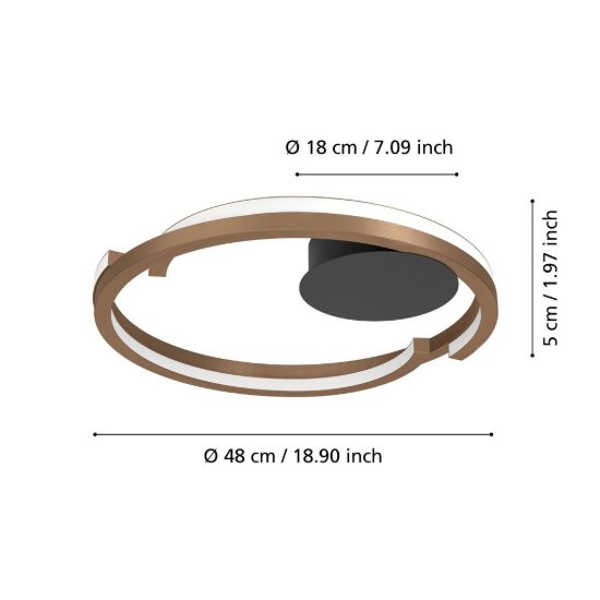 Eglo mezzomonte plafoniera led 40w cct 2700k 6500k 48cm con telecomando per camera da letto moderna bronzo e nero