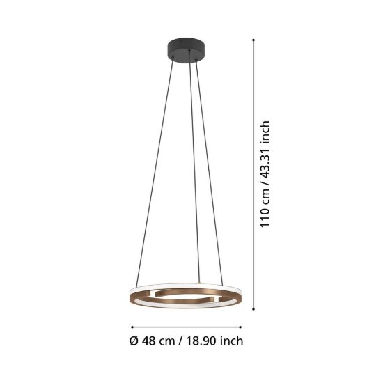 Eglo mezzomonte lampadario led 40w cct 2700k 6500k 48cm con telecomando per soggiorno moderno bronzo e nero