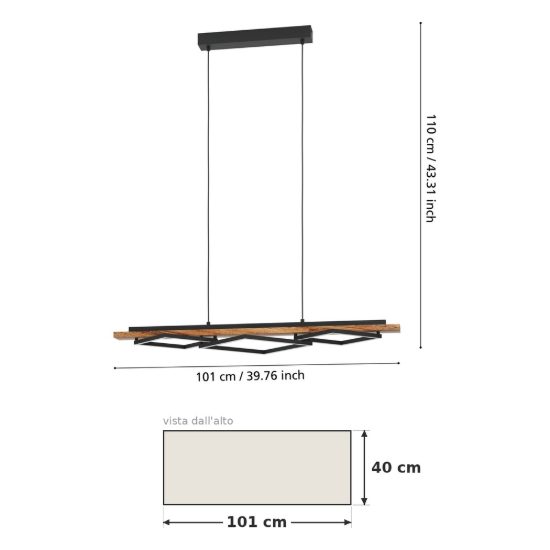 Eglo boyal lampadario led 42w 3000k 101cm per cucina rustico nero e marrone rustico