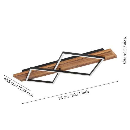 Eglo boyal plafoniera led 28w 3000k 78cm per soggiorno rustica 2 luci nero e marrone rustico