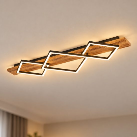 Eglo boyal plafoniera led 42w 3000k 101cm per soggiorno rustica 3 luci nero e marrone rustico
