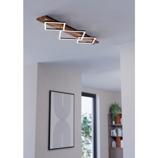 Eglo boyal plafoniera led 42w 3000k 101cm per soggiorno rustica 3 luci nero e marrone rustico