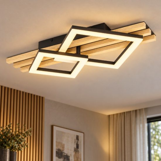 Eglo cembrano plafoniera led 15w 3000k 50cm per soggiorno moderna rettangolare nero e naturale