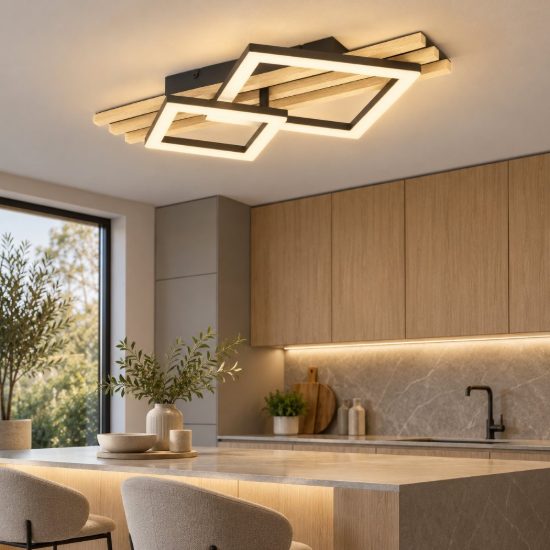 Eglo cembrano plafoniera led 15w 3000k 50cm per soggiorno moderna rettangolare nero e naturale