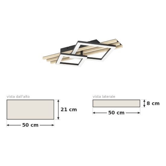 Eglo cembrano plafoniera led 15w 3000k 50cm per soggiorno moderna rettangolare nero e naturale