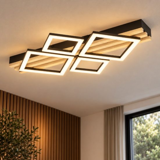 Eglo cembrano plafoniera led 30w 3000k 72cm per soggiorno moderna rettangolare nero e naturale