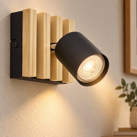 Eglo cembrano applique con faretto gu10 orientabile 10,5cm per camera da letto moderna nero e naturale