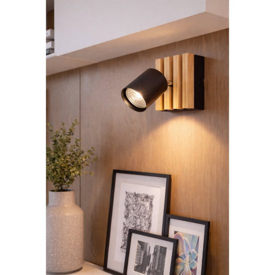 Eglo cembrano applique con faretto gu10 orientabile 10,5cm per camera da letto moderna nero e naturale