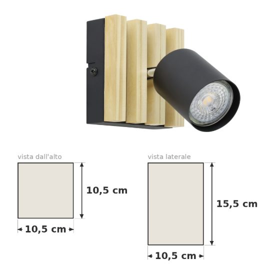 Eglo cembrano applique con faretto gu10 orientabile 10,5cm per camera da letto moderna nero e naturale