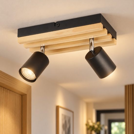Eglo cembrano plafoniera con 2 faretti gu10 orientabili 25cm per cucina moderna rettangolare nero e naturale