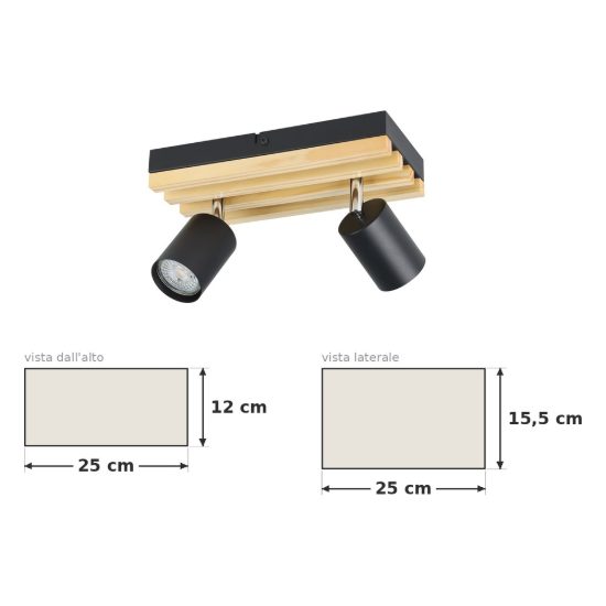 Eglo cembrano plafoniera con 2 faretti gu10 orientabili 25cm per cucina moderna rettangolare nero e naturale