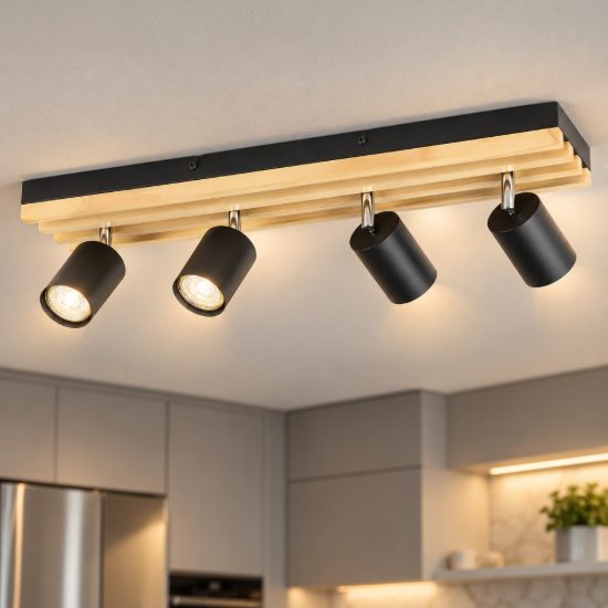 Eglo cembrano plafoniera con 4 faretti gu10 orientabili 55cm per corridoio moderna lineare nero e naturale