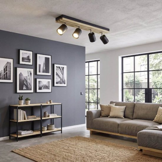 Eglo cembrano plafoniera con 4 faretti gu10 orientabili 55cm per corridoio moderna lineare nero e naturale