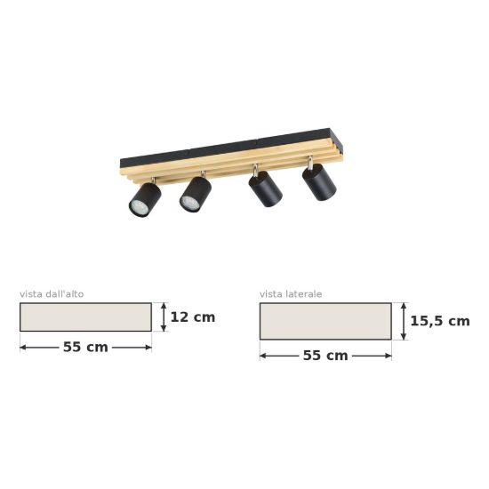 Eglo cembrano plafoniera con 4 faretti gu10 orientabili 55cm per corridoio moderna lineare nero e naturale