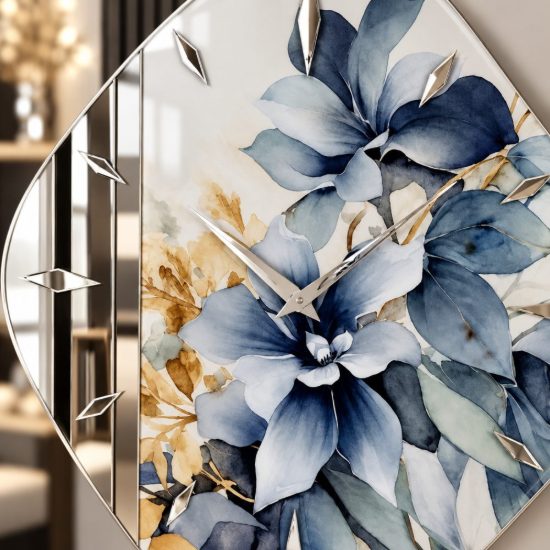Orologio rombo da parete moderno design floreale blu 70cm