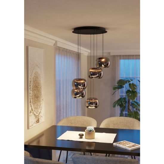 Eglo hortunas lampadario led 29w 3000k 5 luci 50cm dimmerabile per sala da pranzo moderno nero