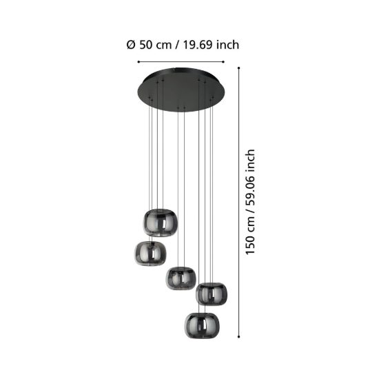 Eglo hortunas lampadario led 29w 3000k 5 luci 50cm dimmerabile per sala da pranzo moderno nero