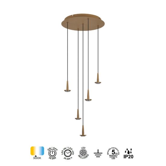 Lampadario a sospensione moderno oro 5 luci 35cm per tavolo da pranzo led 25w 3000k
