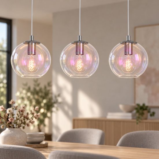 Eglo ariscani 2 lampadario 3 luci 76,5cm per cucina moderno cromato con sfere iridescenti