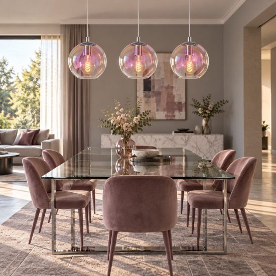 Eglo ariscani 2 lampadario 3 luci 76,5cm per cucina moderno cromato con sfere iridescenti