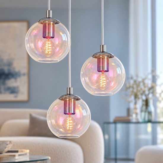 Eglo ariscani 2 lampadario 3 luci 42,5cm per cucina moderno cromato con sfere iridescenti