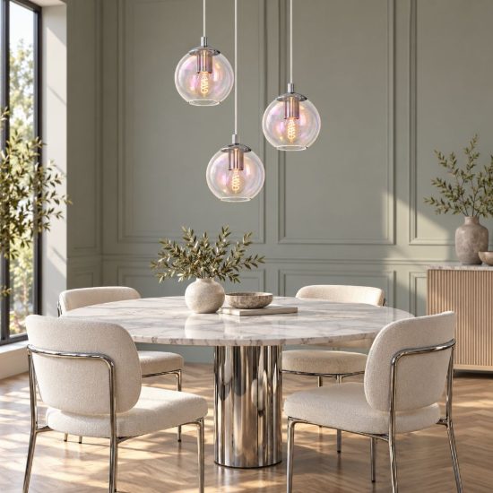 Eglo ariscani 2 lampadario 3 luci 42,5cm per cucina moderno cromato con sfere iridescenti