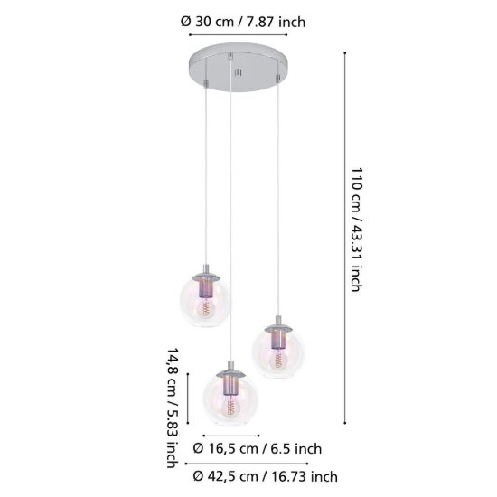 Eglo ariscani 2 lampadario 3 luci 42,5cm per cucina moderno cromato con sfere iridescenti